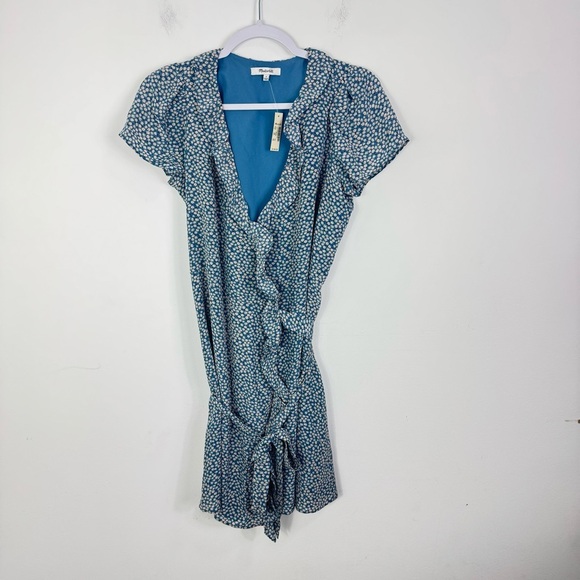 Madewell Silk Ruffle Edge Wrap Dress Bitsy Floral Print Blue Mini Womens S NWT - Picture 5 of 9